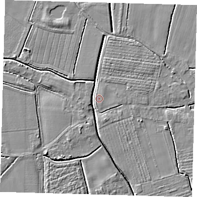 Shaded relief map of the ground around PE201DF, computed from Environment Agency LiDAR. The ground here sits at about 3 m above sea level and falls 4 m across the surrounding 800 m. Surface water reaching this point runs off ground lying to the west-north-west, 4.1 m higher.