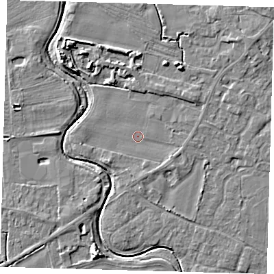 Shaded relief map of the ground around PE201DH, computed from Environment Agency LiDAR. The ground here sits at about 3 m above sea level and falls 7 m across the surrounding 800 m. Surface water reaching this point runs off ground lying to the south-west, 1.4 m higher.
