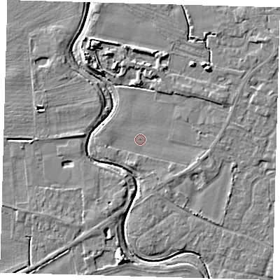 Shaded relief map of the ground around PE201DJ, computed from Environment Agency LiDAR. The ground here sits at about 3 m above sea level and falls 7 m across the surrounding 800 m. Surface water reaching this point runs off ground lying to the south-south-west, 1.4 m higher.