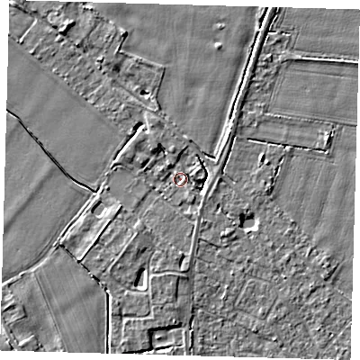 Shaded relief map of the ground around PE201DN, computed from Environment Agency LiDAR. The ground here sits at about 3 m above sea level and falls 4 m across the surrounding 800 m. Surface water reaching this point runs off ground lying to the south-west, 2.9 m higher.