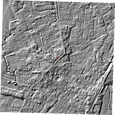 Shaded relief map of the ground around PE201DR, computed from Environment Agency LiDAR. The ground here sits at about 4 m above sea level and falls 6 m across the surrounding 800 m. Surface water reaching this point runs off ground lying to the west-south-west, 0.9 m higher.