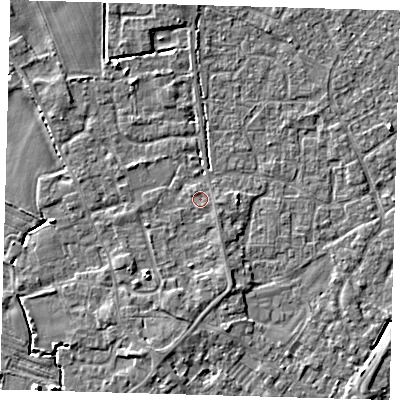Shaded relief map of the ground around PE201DS, computed from Environment Agency LiDAR. The ground here sits at about 3 m above sea level and falls 5 m across the surrounding 800 m. Surface water reaching this point runs off ground lying to the north-north-west, 0.6 m higher.