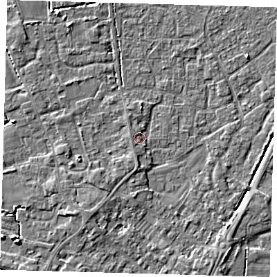 Shaded relief map of the ground around PE201DT, computed from Environment Agency LiDAR. The ground here sits at about 4 m above sea level and falls 6 m across the surrounding 800 m. Surface water reaching this point runs off ground lying to the south-west, 3.5 m higher.