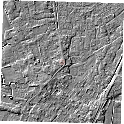 Shaded relief map of the ground around PE201DU, computed from Environment Agency LiDAR. The ground here sits at about 4 m above sea level and falls 6 m across the surrounding 800 m. Surface water reaching this point runs off ground lying to the east-south-east, 0.7 m higher.