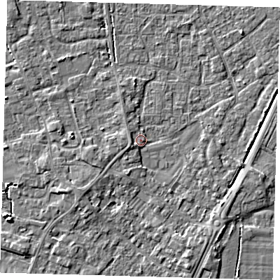 Shaded relief map of the ground around PE201DW, computed from Environment Agency LiDAR. The ground here sits at about 4 m above sea level and falls 6 m across the surrounding 800 m. Surface water reaching this point runs off ground lying to the south-south-east, 3.6 m higher.