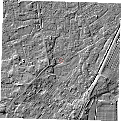 Shaded relief map of the ground around PE201DX, computed from Environment Agency LiDAR. The ground here sits at about 3 m above sea level and falls 4 m across the surrounding 800 m. Surface water reaching this point runs off ground lying to the south-south-east, 3.6 m higher.