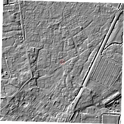 Shaded relief map of the ground around PE201DY, computed from Environment Agency LiDAR. The ground here sits at about 3 m above sea level and falls 4 m across the surrounding 800 m. Surface water reaching this point runs off ground lying to the south-south-east, 1.3 m higher.