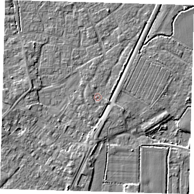 Shaded relief map of the ground around PE201DZ, computed from Environment Agency LiDAR. The ground here sits at about 4 m above sea level and falls 4 m across the surrounding 800 m. Surface water reaching this point runs off ground lying to the east-south-east, 1.3 m higher.