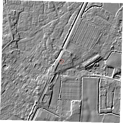 Shaded relief map of the ground around PE201EB, computed from Environment Agency LiDAR. The ground here sits at about 4 m above sea level and falls 4 m across the surrounding 800 m. Surface water reaching this point runs off ground lying to the east-north-east, 0.8 m higher.