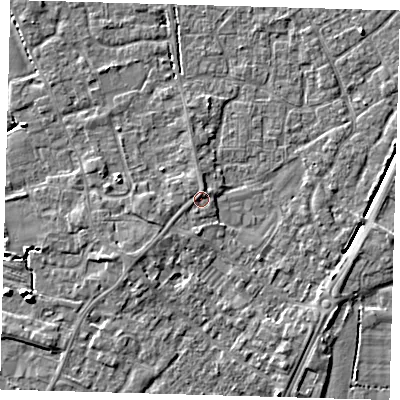 Shaded relief map of the ground around PE201ED, computed from Environment Agency LiDAR. The ground here sits at about 4 m above sea level and falls 6 m across the surrounding 800 m. Surface water reaching this point runs off ground lying to the north, 1.0 m higher.