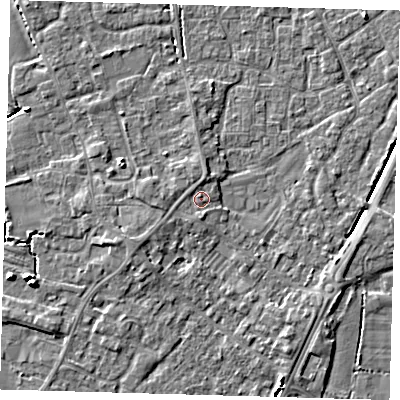 Shaded relief map of the ground around PE201EE, computed from Environment Agency LiDAR. The ground here sits at about 4 m above sea level and falls 6 m across the surrounding 800 m. Surface water reaching this point runs off ground lying to the north-north-east, 1.0 m higher.