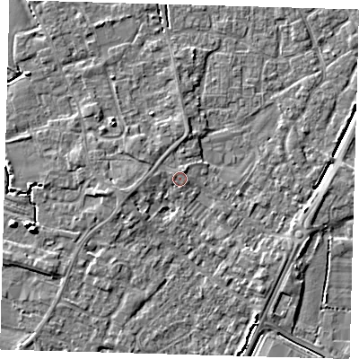Shaded relief map of the ground around PE201EF, computed from Environment Agency LiDAR. The ground here sits at about 4 m above sea level and falls 6 m across the surrounding 800 m. Surface water reaching this point runs off ground lying to the west, 1.1 m higher.
