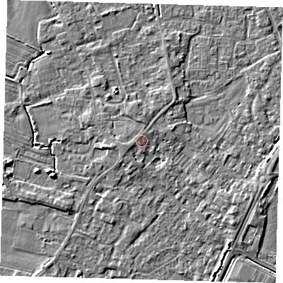 Shaded relief map of the ground around PE201EG, computed from Environment Agency LiDAR. The ground here sits at about 4 m above sea level and falls 6 m across the surrounding 800 m. Surface water reaching this point runs off ground lying to the west, 0.6 m higher.