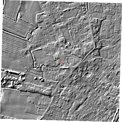 Shaded relief map of the ground around PE201EH, computed from Environment Agency LiDAR. The ground here sits at about 4 m above sea level and falls 6 m across the surrounding 800 m. Surface water reaching this point runs off ground lying to the south-east, 1.1 m higher.