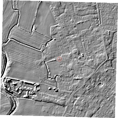 Shaded relief map of the ground around PE201EL, computed from Environment Agency LiDAR. The ground here sits at about 4 m above sea level and falls 7 m across the surrounding 800 m. Surface water reaching this point runs off ground lying to the east, 2.1 m higher.