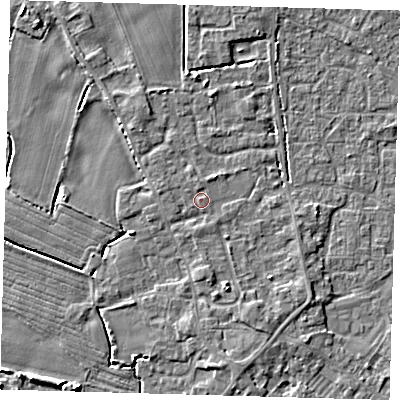 Shaded relief map of the ground around PE201EN, computed from Environment Agency LiDAR. The ground here sits at about 4 m above sea level and falls 4 m across the surrounding 800 m. Surface water reaching this point runs off ground lying to the south-south-west, 0.8 m higher.