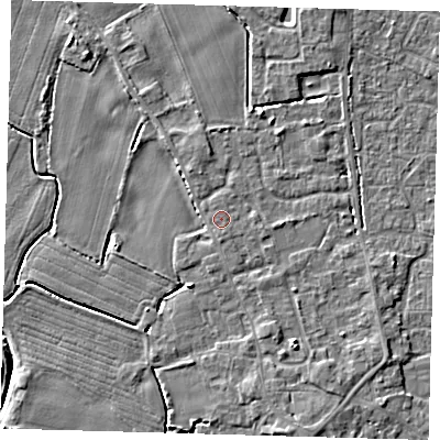 Shaded relief map of the ground around PE201EP, computed from Environment Agency LiDAR. The ground here sits at about 4 m above sea level and falls 4 m across the surrounding 800 m. Surface water reaching this point runs off ground lying to the south, 0.6 m higher.