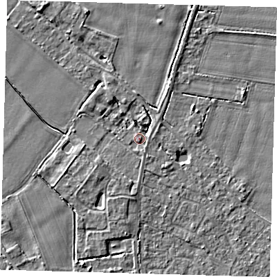 Shaded relief map of the ground around PE201ER, computed from Environment Agency LiDAR. The ground here sits at about 4 m above sea level and falls 4 m across the surrounding 800 m. Surface water reaching this point runs off ground lying to the south-south-east, 0.8 m higher.