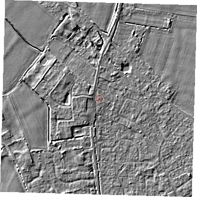 Shaded relief map of the ground around PE201ES, computed from Environment Agency LiDAR. The ground here sits at about 4 m above sea level and falls 3 m across the surrounding 800 m. Surface water reaching this point runs off ground lying to the west-south-west, 1.1 m higher.