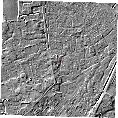 Shaded relief map of the ground around PE201ET, computed from Environment Agency LiDAR. The ground here sits at about 3 m above sea level and falls 6 m across the surrounding 800 m. Surface water reaching this point runs off ground lying to the south-south-west, 3.5 m higher.