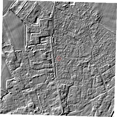 Shaded relief map of the ground around PE201EU, computed from Environment Agency LiDAR. The ground here sits at about 3 m above sea level and falls 4 m across the surrounding 800 m. Surface water reaching this point runs off ground lying to the south-south-west, 3.2 m higher.