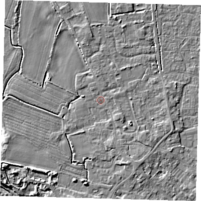 Shaded relief map of the ground around PE201EW, computed from Environment Agency LiDAR. The ground here sits at about 3 m above sea level and falls 7 m across the surrounding 800 m. Surface water reaching this point runs off ground lying to the east-north-east, 0.8 m higher.