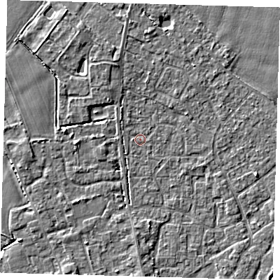 Shaded relief map of the ground around PE201EY, computed from Environment Agency LiDAR. The ground here sits at about 3 m above sea level and falls 3 m across the surrounding 800 m. Surface water reaching this point runs off ground lying to the north-west, 2.6 m higher.