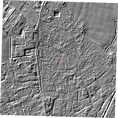 Shaded relief map of the ground around PE201EZ, computed from Environment Agency LiDAR. The ground here sits at about 3 m above sea level and falls 4 m across the surrounding 800 m. Surface water reaching this point runs off ground lying to the west-south-west, 0.6 m higher.