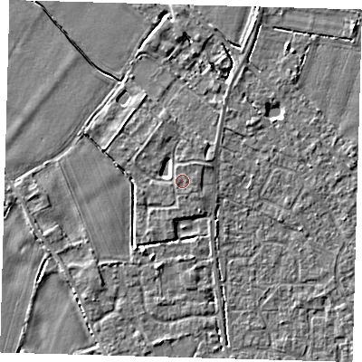 Shaded relief map of the ground around PE201FA, computed from Environment Agency LiDAR. The ground here sits at about 4 m above sea level and falls 3 m across the surrounding 800 m. The ground contributing surface water to this point lies to the south-west.