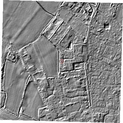 Shaded relief map of the ground around PE201FB, computed from Environment Agency LiDAR. The ground here sits at about 4 m above sea level and falls 4 m across the surrounding 800 m. Surface water reaching this point runs off ground lying to the north-north-east, 2.4 m higher.