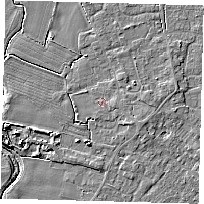 Shaded relief map of the ground around PE201GB, computed from Environment Agency LiDAR. The ground here sits at about 4 m above sea level and falls 7 m across the surrounding 800 m. Surface water reaching this point runs off ground lying to the east-south-east, 1.0 m higher.