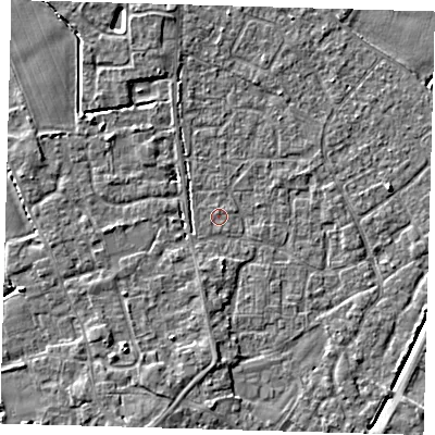 Shaded relief map of the ground around PE201HE, computed from Environment Agency LiDAR. The ground here sits at about 3 m above sea level and falls 4 m across the surrounding 800 m. The ground contributing surface water to this point lies to the north.