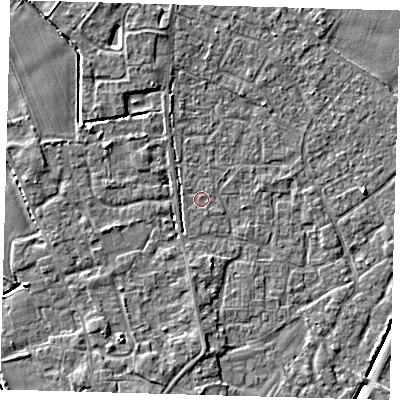 Shaded relief map of the ground around PE201HF, computed from Environment Agency LiDAR. The ground here sits at about 3 m above sea level and falls 4 m across the surrounding 800 m. Surface water reaching this point runs off ground lying to the south-south-west, 3.2 m higher.