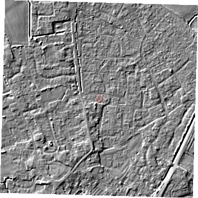 Shaded relief map of the ground around PE201HG, computed from Environment Agency LiDAR. The ground here sits at about 3 m above sea level and falls 4 m across the surrounding 800 m. Surface water reaching this point runs off ground lying to the south-south-west, 1.2 m higher.