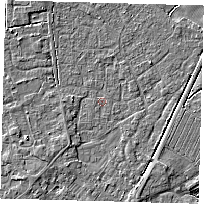 Shaded relief map of the ground around PE201HJ, computed from Environment Agency LiDAR. The ground here sits at about 3 m above sea level and falls 4 m across the surrounding 800 m. Surface water reaching this point runs off ground lying to the south-south-east, 0.6 m higher.
