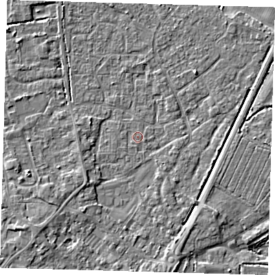 Shaded relief map of the ground around PE201HL, computed from Environment Agency LiDAR. The ground here sits at about 3 m above sea level and falls 4 m across the surrounding 800 m. The ground contributing surface water to this point lies to the south.