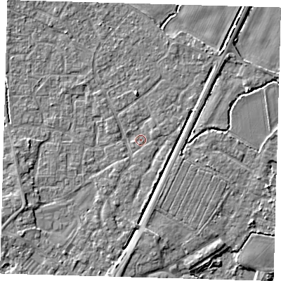 Shaded relief map of the ground around PE201HP, computed from Environment Agency LiDAR. The ground here sits at about 3 m above sea level and falls 4 m across the surrounding 800 m. Surface water reaching this point runs off ground lying to the south, 1.8 m higher.