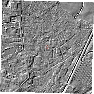 Shaded relief map of the ground around PE201HQ, computed from Environment Agency LiDAR. The ground here sits at about 3 m above sea level and falls 4 m across the surrounding 800 m. Surface water reaching this point runs off ground lying to the south-south-west, 2.0 m higher.