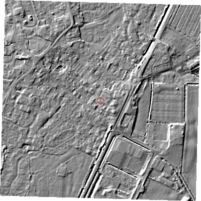 Shaded relief map of the ground around PE201HT, computed from Environment Agency LiDAR. The ground here sits at about 4 m above sea level and falls 4 m across the surrounding 800 m. Surface water reaching this point runs off ground lying to the south-east, 1.6 m higher.