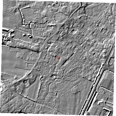 Shaded relief map of the ground around PE201HU, computed from Environment Agency LiDAR. The ground here sits at about 3 m above sea level and falls 7 m across the surrounding 800 m. Surface water reaching this point runs off ground lying to the north, 2.2 m higher.