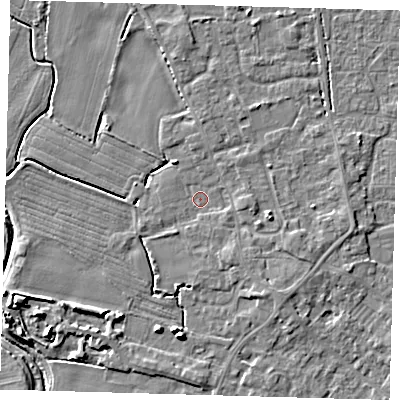 Shaded relief map of the ground around PE201HW, computed from Environment Agency LiDAR. The ground here sits at about 3 m above sea level and falls 7 m across the surrounding 800 m. Surface water reaching this point runs off ground lying to the east-south-east, 2.1 m higher.