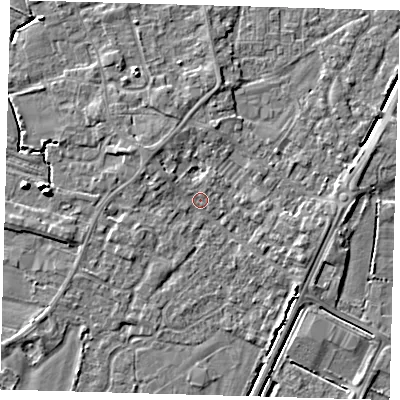 Shaded relief map of the ground around PE201HX, computed from Environment Agency LiDAR. The ground here sits at about 4 m above sea level and falls 6 m across the surrounding 800 m. Surface water reaching this point runs off ground lying to the west-north-west, 1.3 m higher.