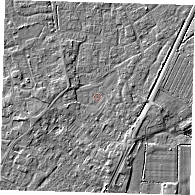 Shaded relief map of the ground around PE201HY, computed from Environment Agency LiDAR. The ground here sits at about 3 m above sea level and falls 4 m across the surrounding 800 m. Surface water reaching this point runs off ground lying to the south, 2.2 m higher.