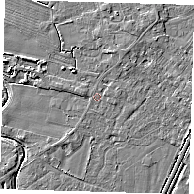 Shaded relief map of the ground around PE201JA, computed from Environment Agency LiDAR. The ground here sits at about 3 m above sea level and falls 7 m across the surrounding 800 m. Surface water reaching this point runs off ground lying to the north-north-east, 2.2 m higher.