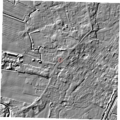 Shaded relief map of the ground around PE201JD, computed from Environment Agency LiDAR. The ground here sits at about 4 m above sea level and falls 7 m across the surrounding 800 m. Surface water reaching this point runs off ground lying to the north-east, 2.2 m higher.