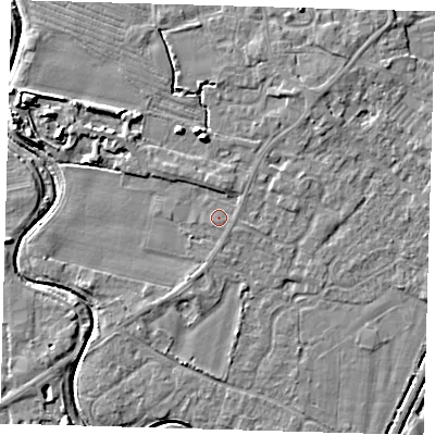 Shaded relief map of the ground around PE201JE, computed from Environment Agency LiDAR. The ground here sits at about 3 m above sea level and falls 7 m across the surrounding 800 m. The ground contributing surface water to this point lies to the south-south-east.