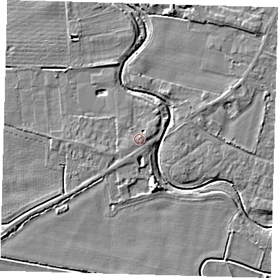 Shaded relief map of the ground around PE201JH, computed from Environment Agency LiDAR. The ground here sits at about 4 m above sea level and falls 7 m across the surrounding 800 m. Surface water reaching this point runs off ground lying to the south-south-east, 0.8 m higher.