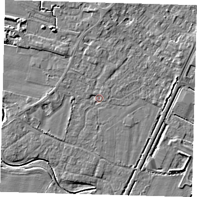 Shaded relief map of the ground around PE201JQ, computed from Environment Agency LiDAR. The ground here sits at about 3 m above sea level and falls 7 m across the surrounding 800 m. Surface water reaching this point runs off ground lying to the west, 1.9 m higher.