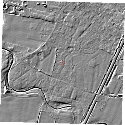Shaded relief map of the ground around PE201JR, computed from Environment Agency LiDAR. The ground here sits at about 3 m above sea level and falls 7 m across the surrounding 800 m. The ground contributing surface water to this point lies to the east-south-east.