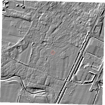 Shaded relief map of the ground around PE201JS, computed from Environment Agency LiDAR. The ground here sits at about 3 m above sea level and falls 7 m across the surrounding 800 m. The ground contributing surface water to this point lies to the south-west.